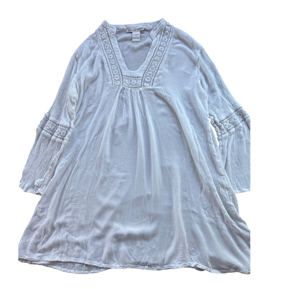 Cute Options Womens White Crinkle Rayon Crochet Lace Trim Bell Sleeve Tunic  M
